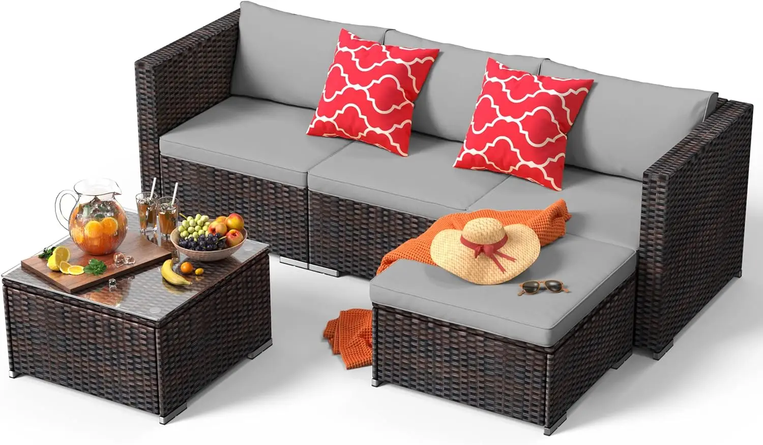 Outdoor Patio Sofa Set PE Wicker Rattan Sectional Conversation Sofa w/ Glass Coffee Table for Backyard Porch Poolside,Brown-Grey