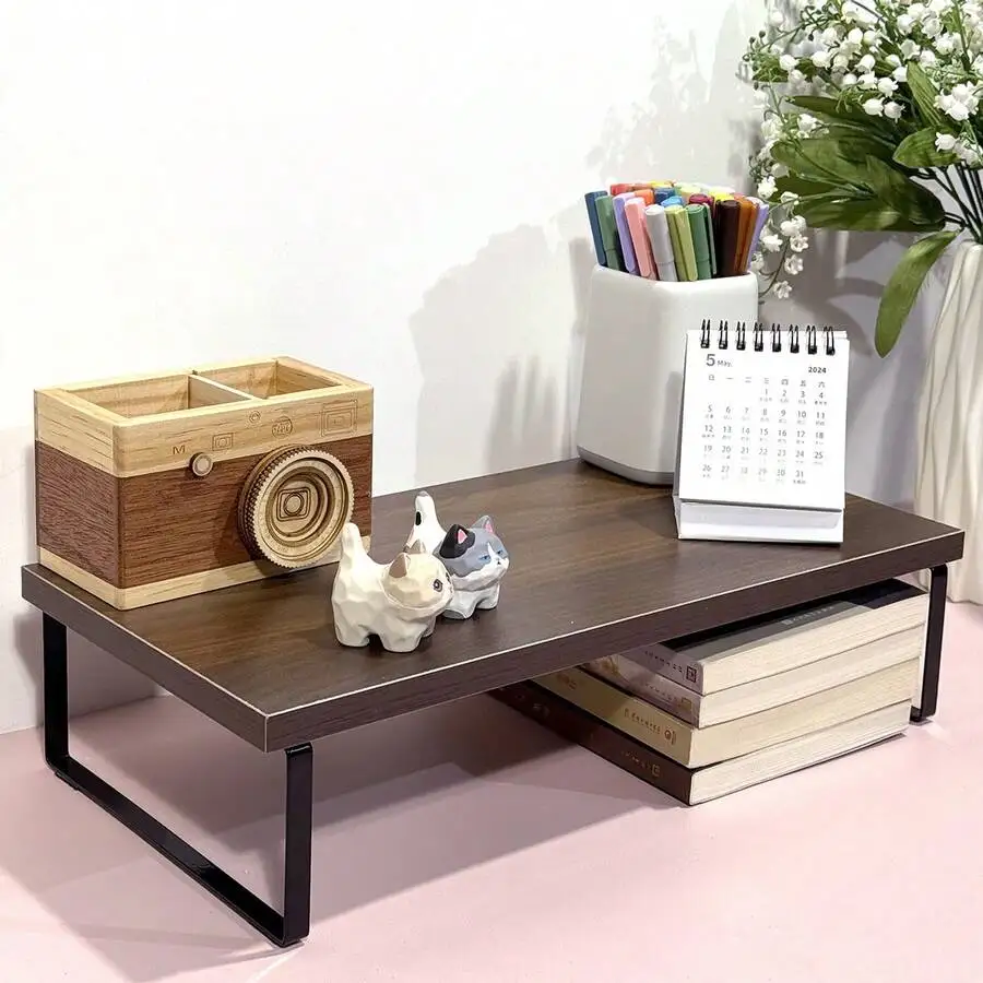 1pc Computer Monitor Stand Riser, Easy Assembly, Iron Legs & Wooden Surface, Monitor Support Stand, Desktop Storage Organizer Fo