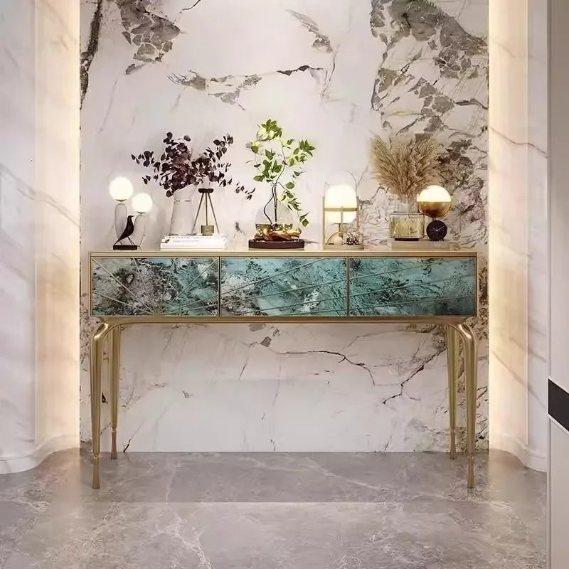 Italian Style Console Foyer Table with Stone Stainless Steel High-End Designer Artwork for Entrance Light Feel