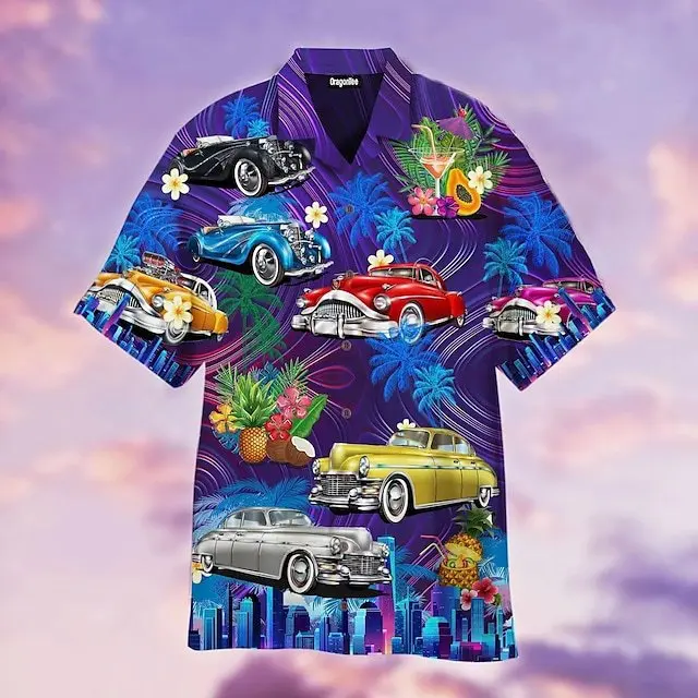 Camisas con estampado 3d de coche Vintage para hombres y mujeres, camisa hawaiana de moda unisex, blusa de gran tamaño de manga corta para playa,