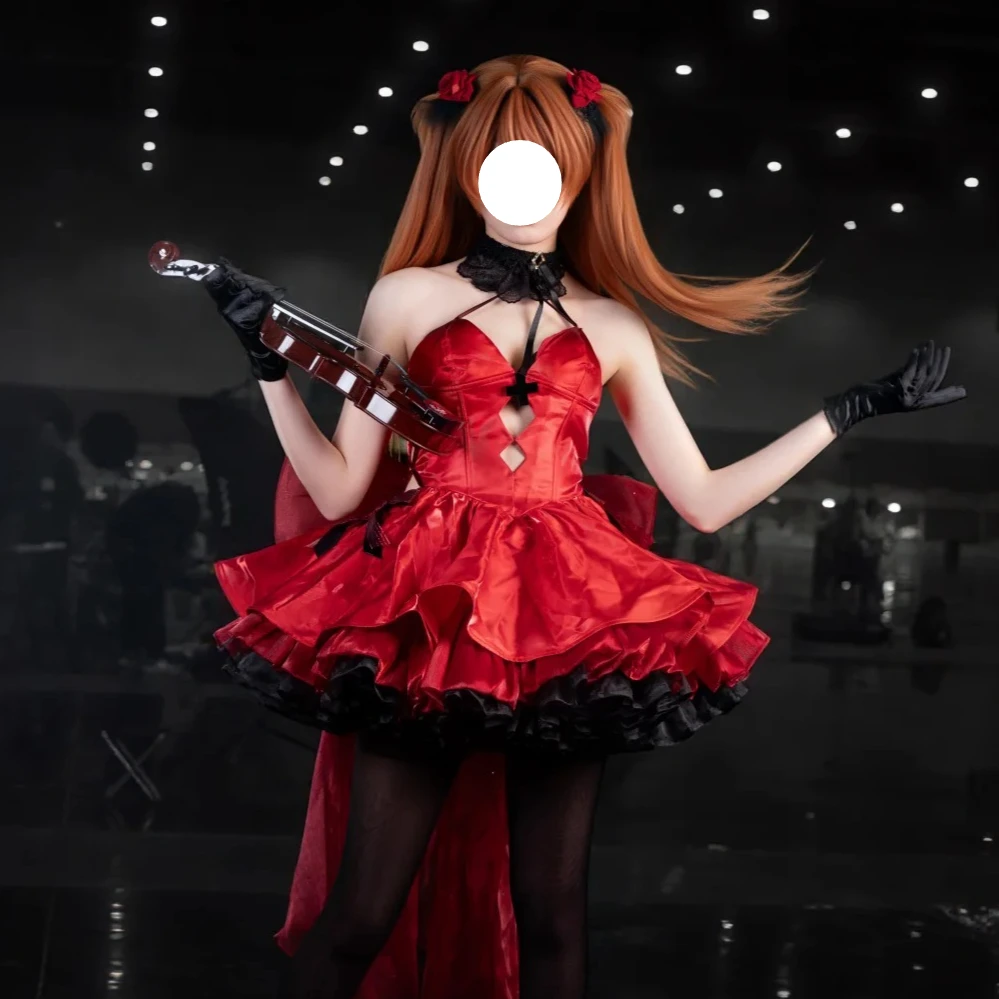 Goddess of Victory: NIKKE X Asuka Red Unifrom Cosplay Costume Formal Gown with Big Bow Lace Choker and Wig for Halloween Party view 2