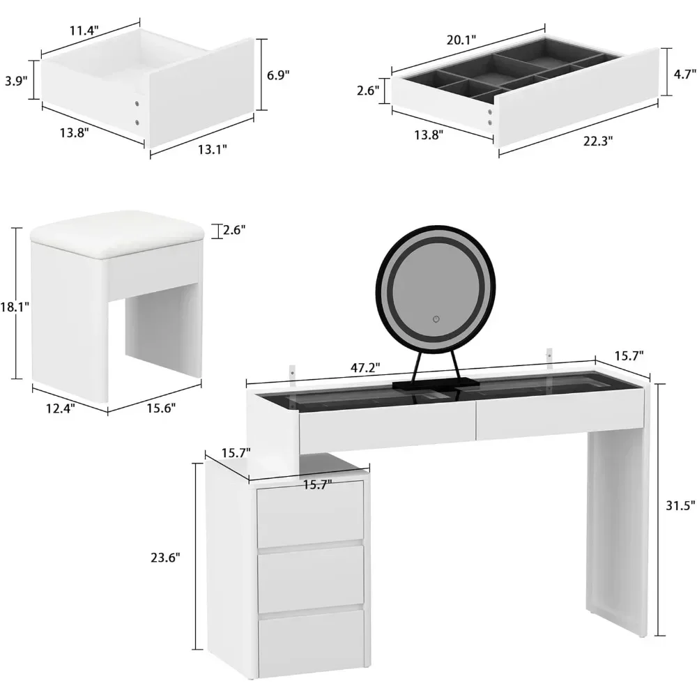 Bureau de maquillage avec miroir éclairé et bureau en verre, vanité de maquillage avec tiroirs, coiffeuse de bureau de maquillage, bord rond, tabouret coussin