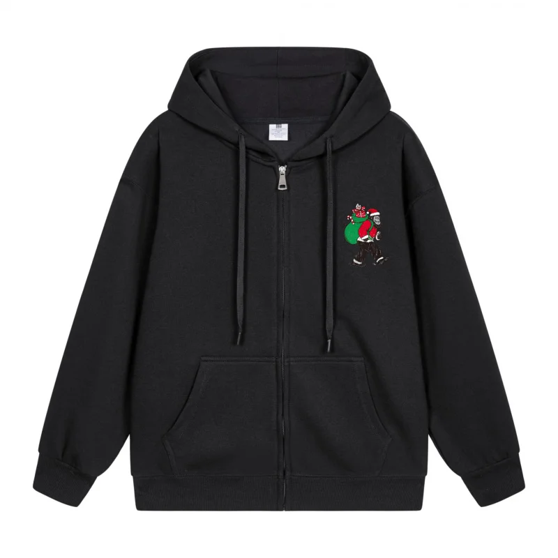 

Мужская толстовка на молнии, черная толстовка с капюшоном, черная толстовка с красным и зеленым узором, рождественский стиль 2025 года, праздничный принт