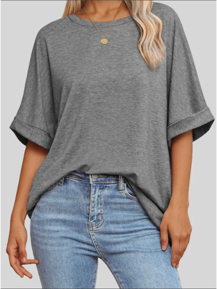 Loose Short Sleeve Round Neck Pullover Women's Casual Grey T-Shirt Simple Fashion Summer Top