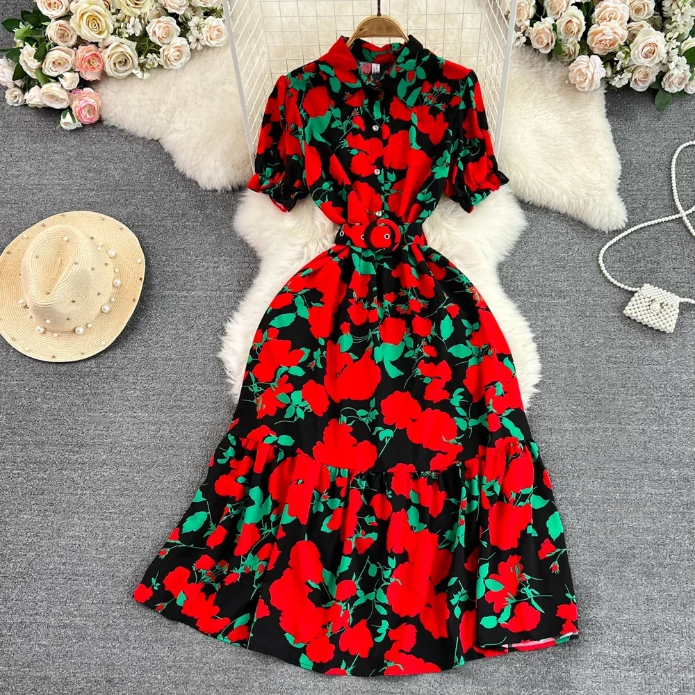 Summer Vintage Women Printed Long Dress Elegant Turn-Down Collar Single Breasted Short Sleeve High Waist A-Line Maxi Vestido New