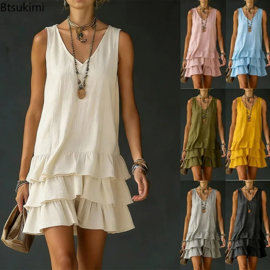 2026 Summer Women's Loose Sundresss Fashion Solid V Neck Sleeveless Patchwork Three Layer Cake Dress Ladies Mini Party Dresses