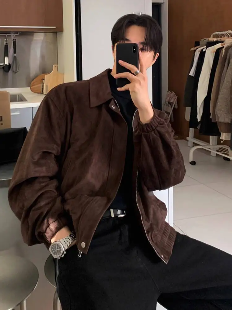 

SYUHGFA Korean Style Men's Suede Short Jackets Turn Down Collar Solid Color Casual Menswear New Loose Male Coats 2025 Winter