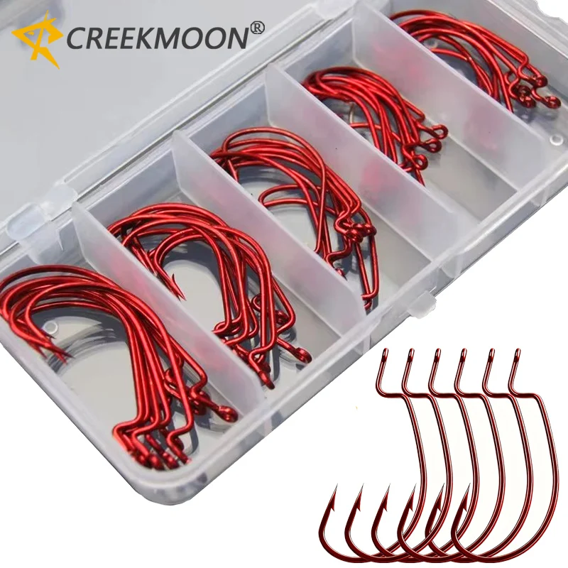 50pcs Wide Belly Crankbait Hooks for Soft Worm Lure Kit Barbed Offset Fishhook 2-3/0# for Bass Trout Saltwater Freshwater Gear