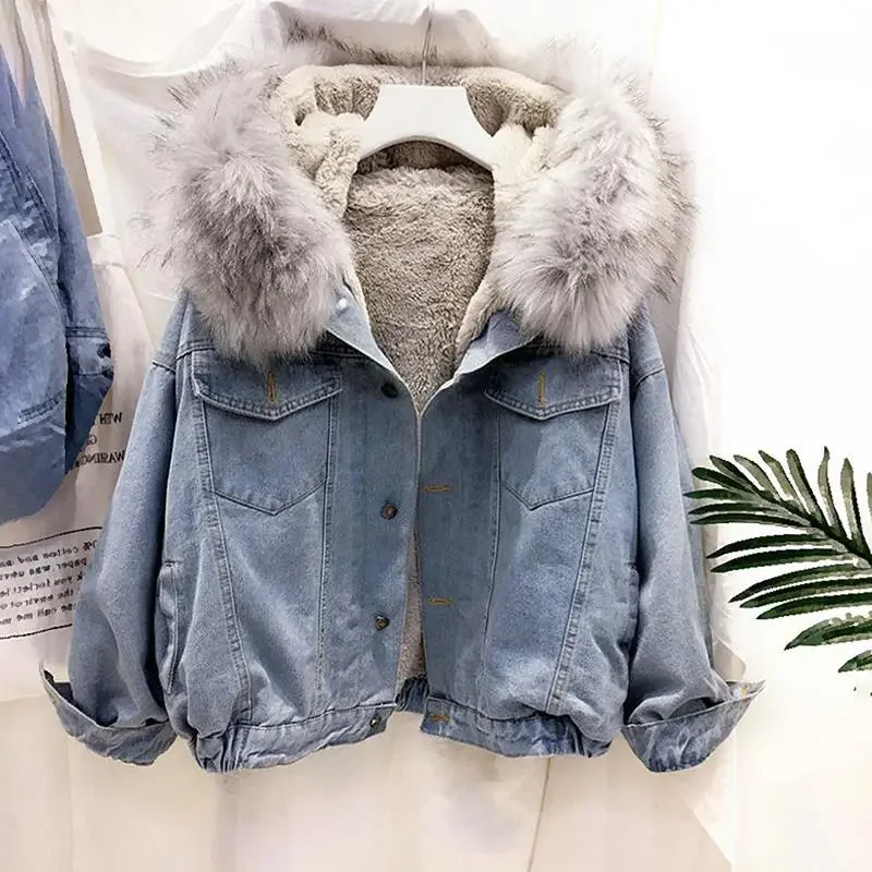 Lamb Wool Denim Jacket women\'s Outwear Autumn Winter New Korean Loose Hooded Plus Velvet Thicke Cotton-Padded Jacket Coat Tops