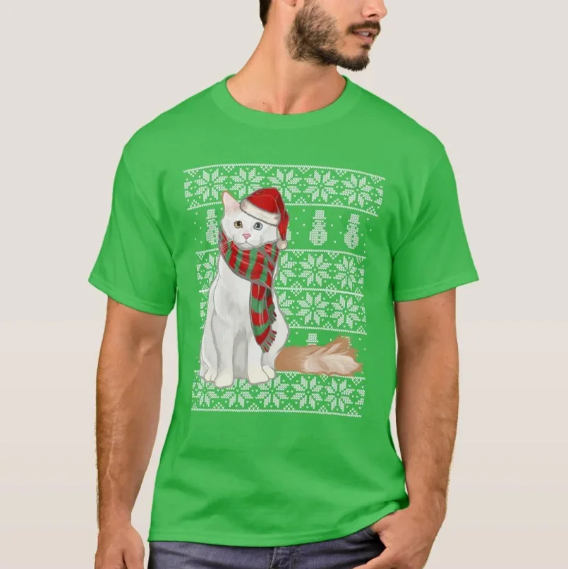 Xmas Turkish Van Cat Santa Hat Christmas Cat Lovers Gift T-Shirt 100% Cotton O-Neck Short Sleeve Casual Mens T-shirt Size S-3X
