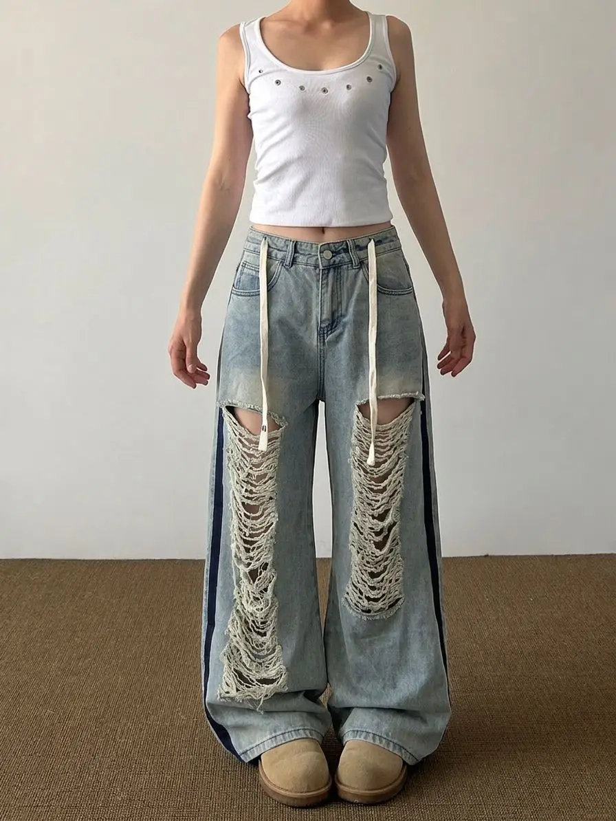 Women's Multiple Hole Tassels Thin Jeans Summer Cool Girl Casual Wide Leg Pants Street Bottoms Female High Waist Denim Trousers