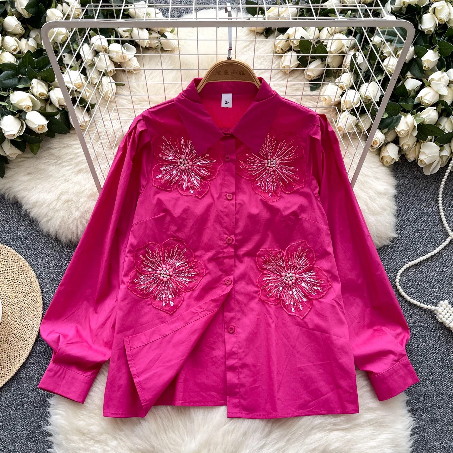 Vintage Polo-neck Long Sleeve Single Breasted Chic Rhinestone Floral Embroidered Slim Top Korean Women High Street Autumn Blouse