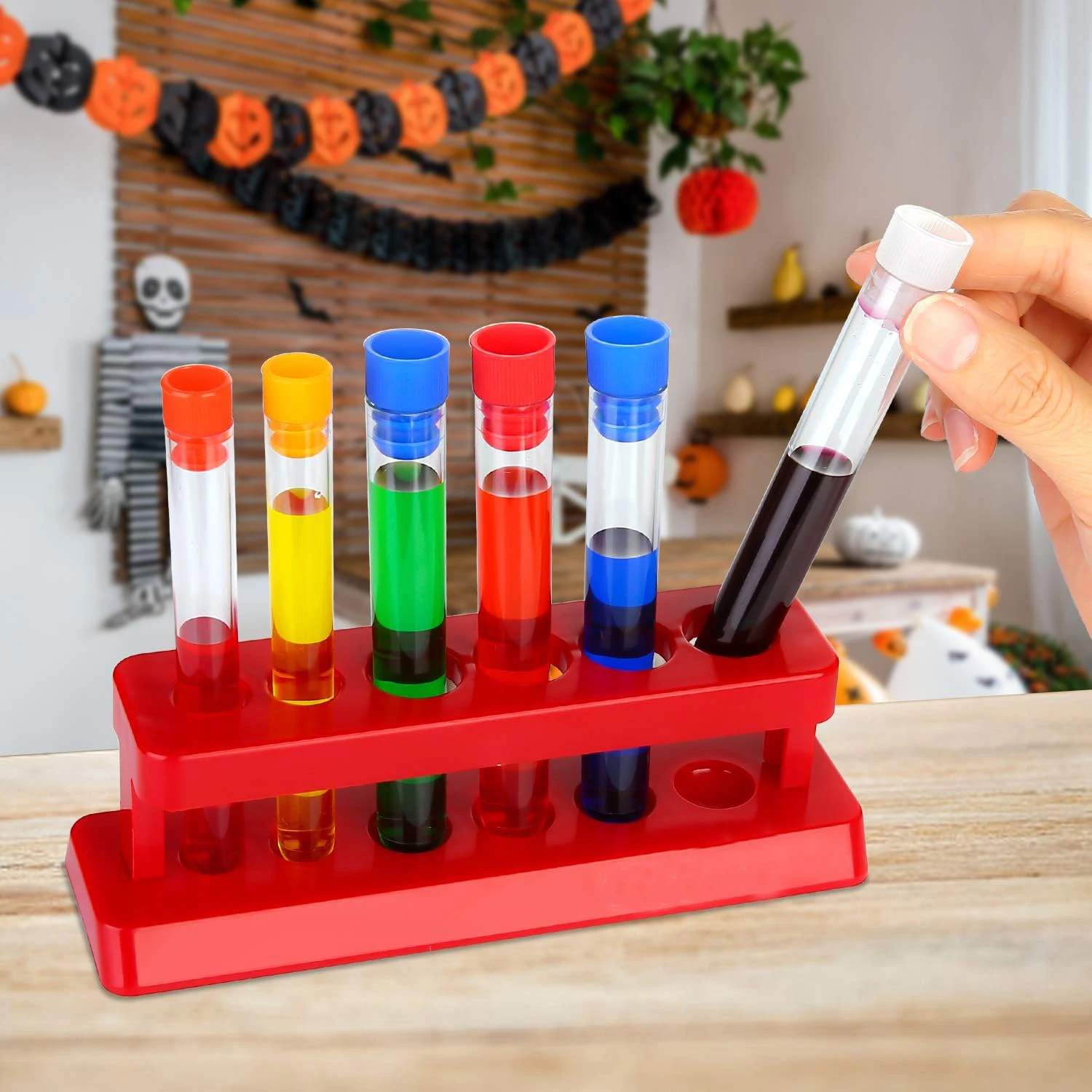Set of 6 Assorted Color Plastic Test Tube Set with Caps and Rack Scientific Experiment(1 Set)