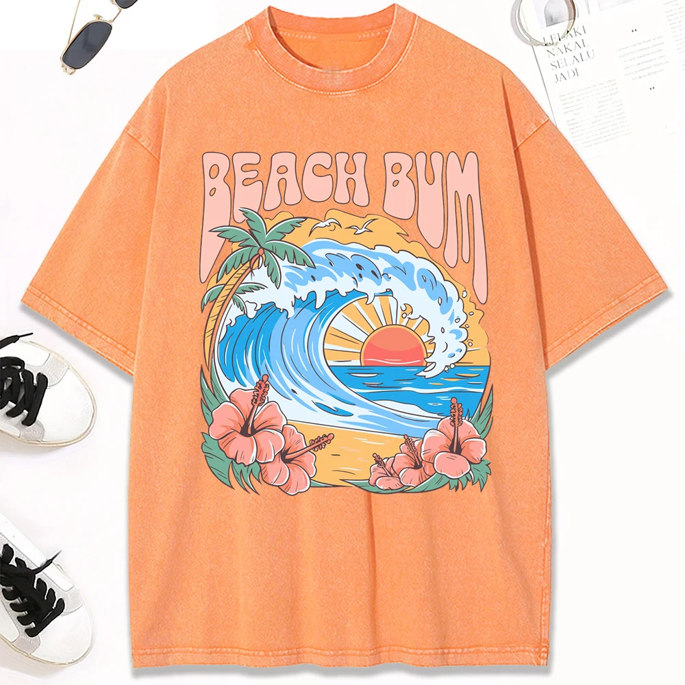

Beach Bum Wave Coconut Tree Print Womens Washed T Shirts Cotton Hip Hop T-Shirt Casual Y2K Soft Sportswear Summer Loose Clothes