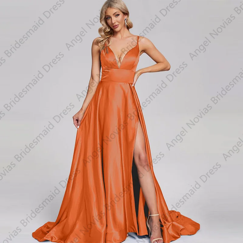 

Customized Long A Line Orange Bridesmaid Dress with Slit Evening Prom Formal Party Birthday robe demoiselle d honneur femme