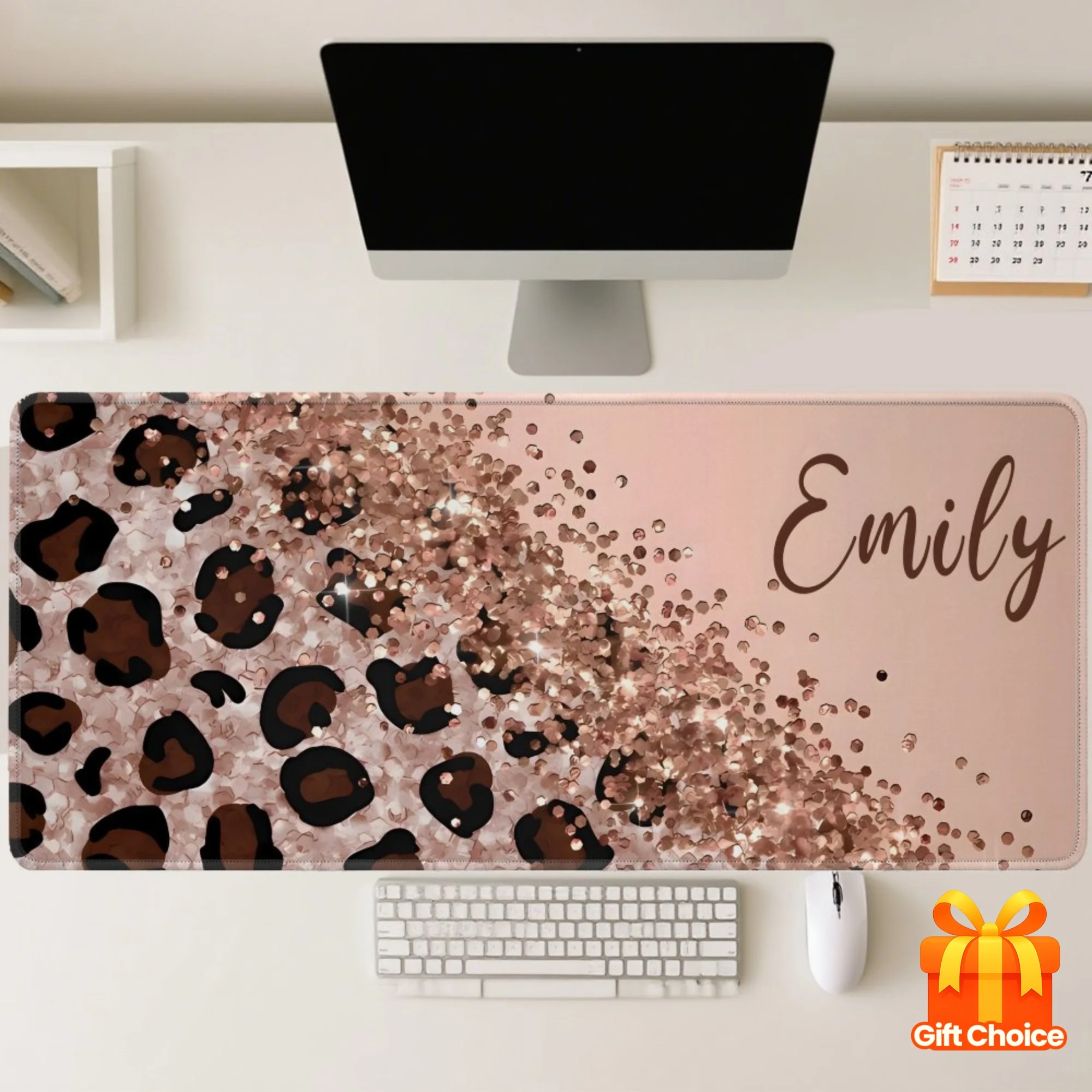 

2D Flat, Customizable Pink Leopard Print Gaming Mouse Pad - Extended Large Desk Mat with "Emily" Name, Non-Slip Rubber Base