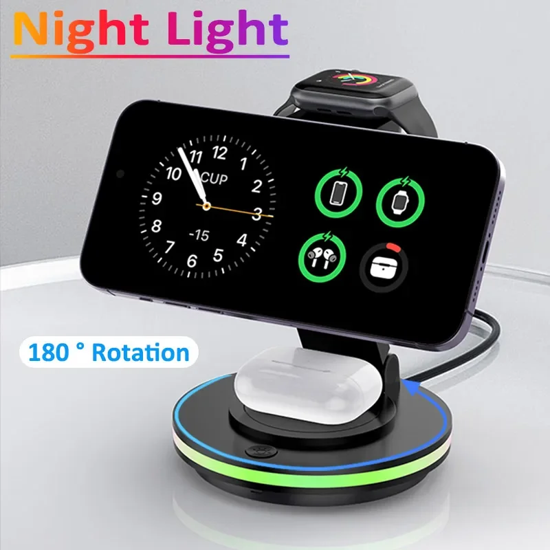 180° Rotate Foldable Magnetic Wireless Charger Stand 15W Fast Charging Station for iPhone 15 14 13 12 Pro Max iWatch 9 8 Airpods