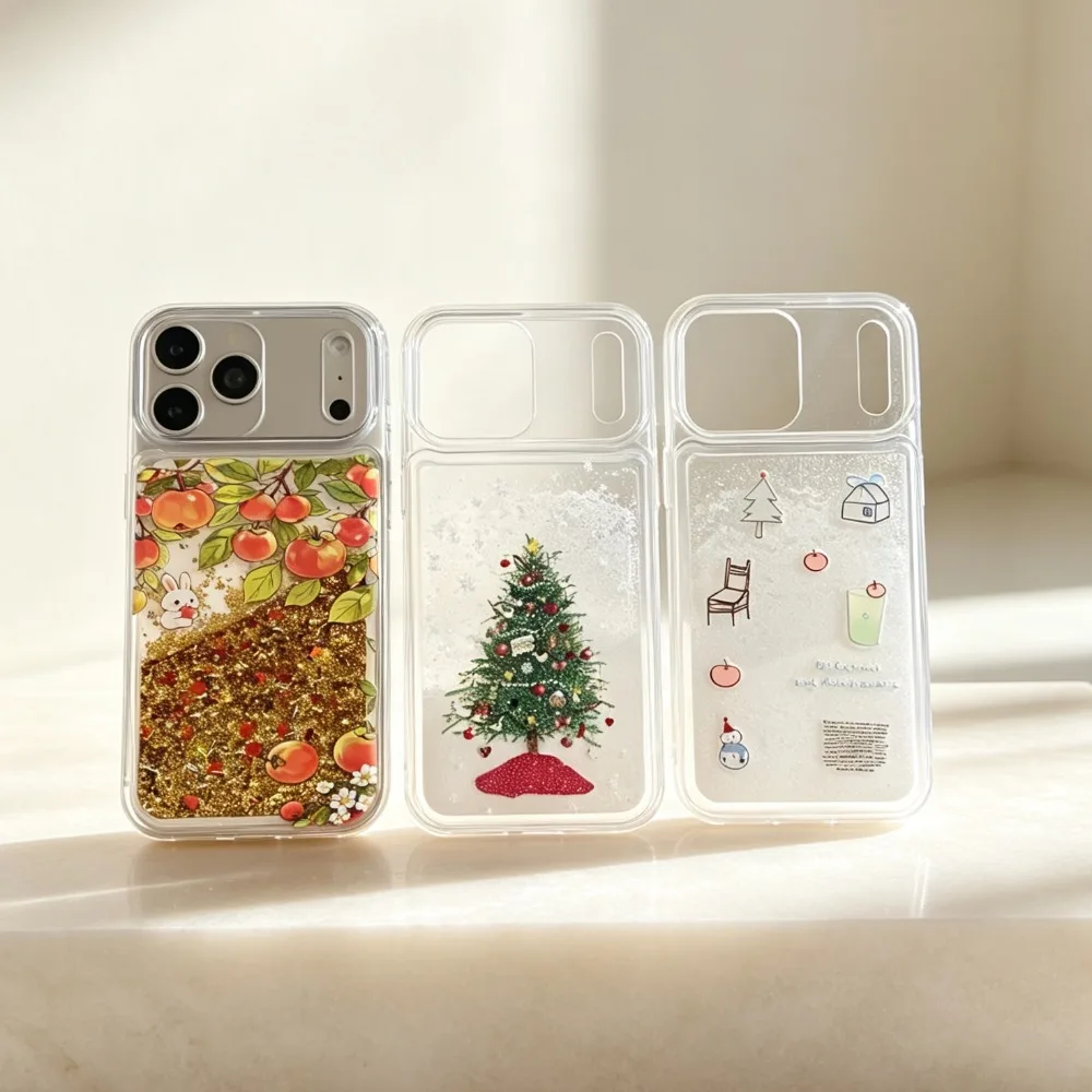 Clear Phone Case for iPhone 18 17 16 15 14 13 12 11 Pro Max Plus Air INS Christmas Tree Print Snow Quicksand Clear Cover