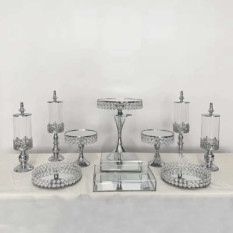 

Custom Dessert Table Display Gold Silver Cake Stand Set for Wedding Party Decoration Metal Crystal Wedding Cake Stand