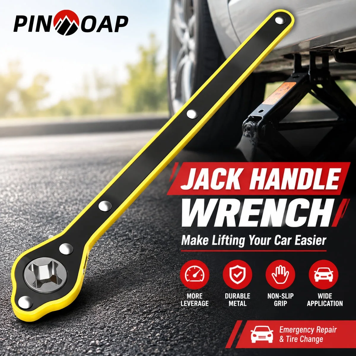 PINMOAP Cross-Type Car Jack Handle Wrench with Long Lever Black Yellow Non-Slip Grip for Cars SUVs and MPVs Tire Change Tool