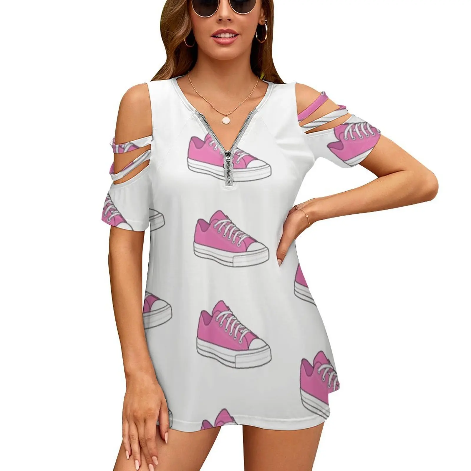 Vintage Popular Pink Sneaker Tennis Shoe Women Zipper Sexy Printed Vintage T Shirts Tops Full Print T-Shirt Sneaker Tennis