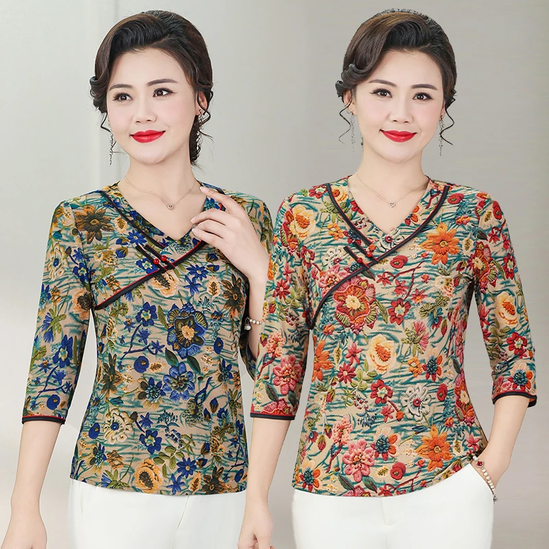 

Summer New 3/4 Sleeve Shirt Retro Asian style Ice Silk Elastic Printed Button V-neck Loose Women's Blouses Tops