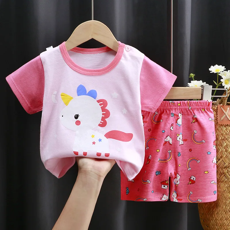 Summer New Kids Casual Pajamas Cute Cartoon Print Short Sleeve T-Shirt Tops with Shorts Toddler Baby Boys Girls Clothing Sets