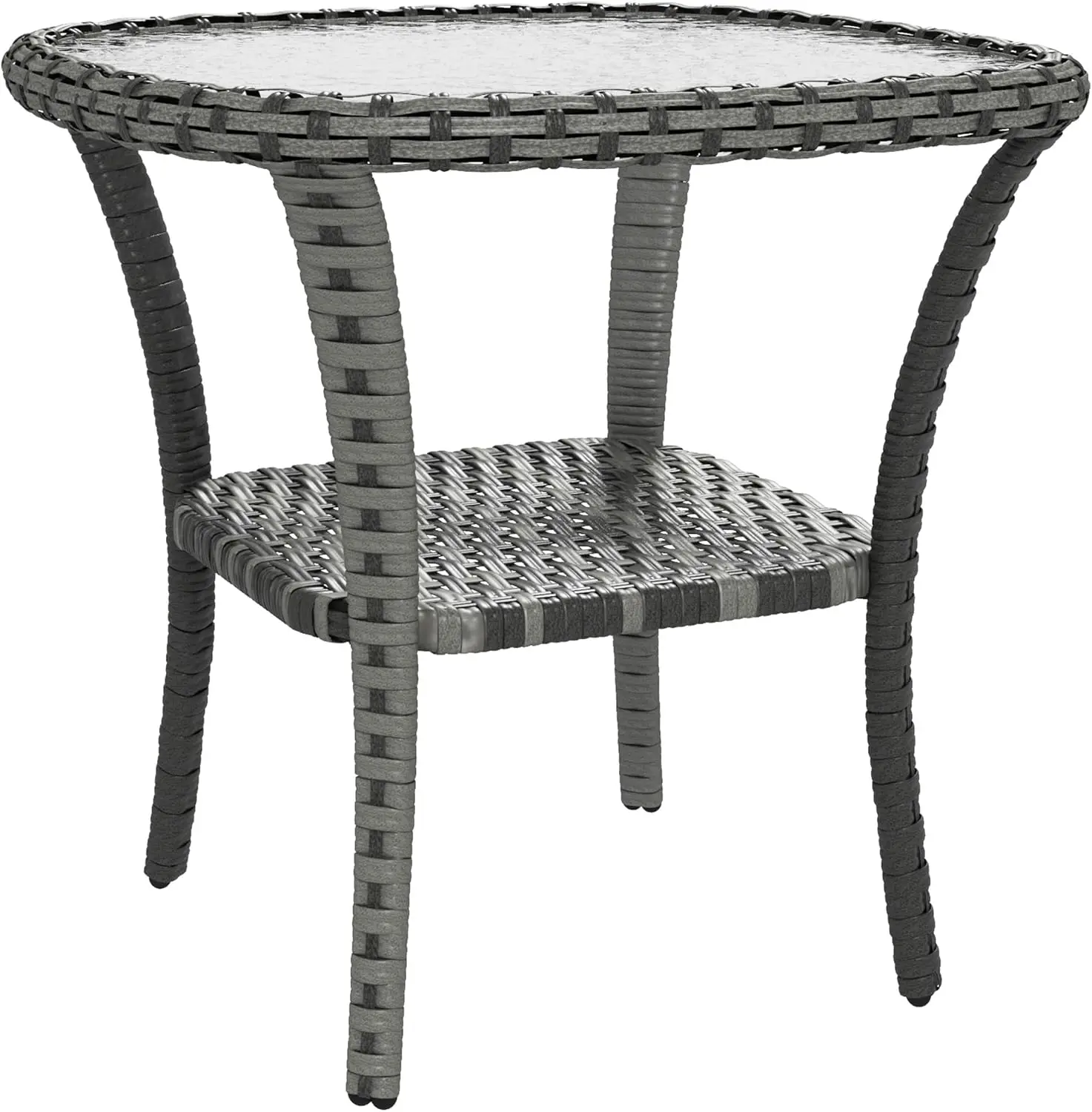 

Rattan Coffee Table with Storage Shelf, Wicker Side Table with Glass Top, Outdoor End Table for Garden, Porch, Backyard,