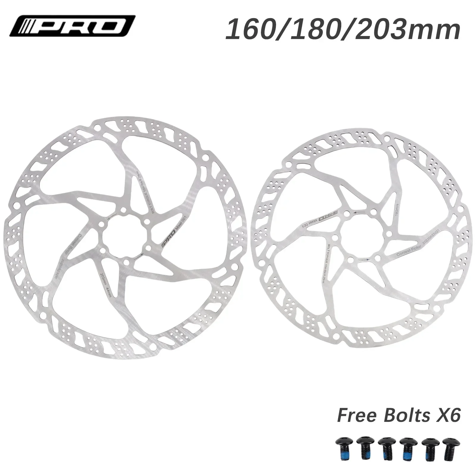 IIIPRO Bike Brake Disc Stainless Steel Rotor with 6 Bolts for MTB Road Bike 160mm 180mm 203mm Lightweight Brake Rotor Silver