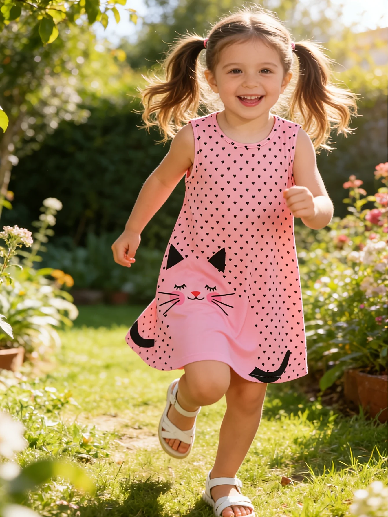Little Girls Cat Graphic Dress, Pink Base Black Mini Hearts Sleeping Cat Pattern Sleeveless Dress for Daily & Holiday Wear