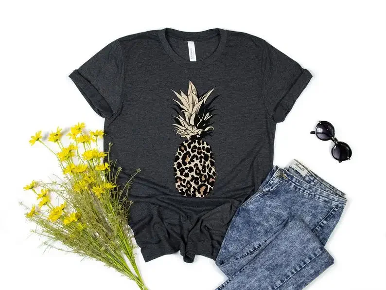 Pineapple Leopard for Women, Foodie Summer Cute Lover Gift for Her 100% cotton  Short Sleeve Top Tees Plus Size O Neck Clothing