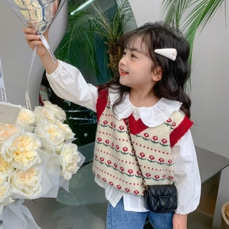 Girls' Knit Vest New 2025 Spring Autumn Stylish Kids' Crochet Waistcoat Thin Line Toddler Kids' Cardigan