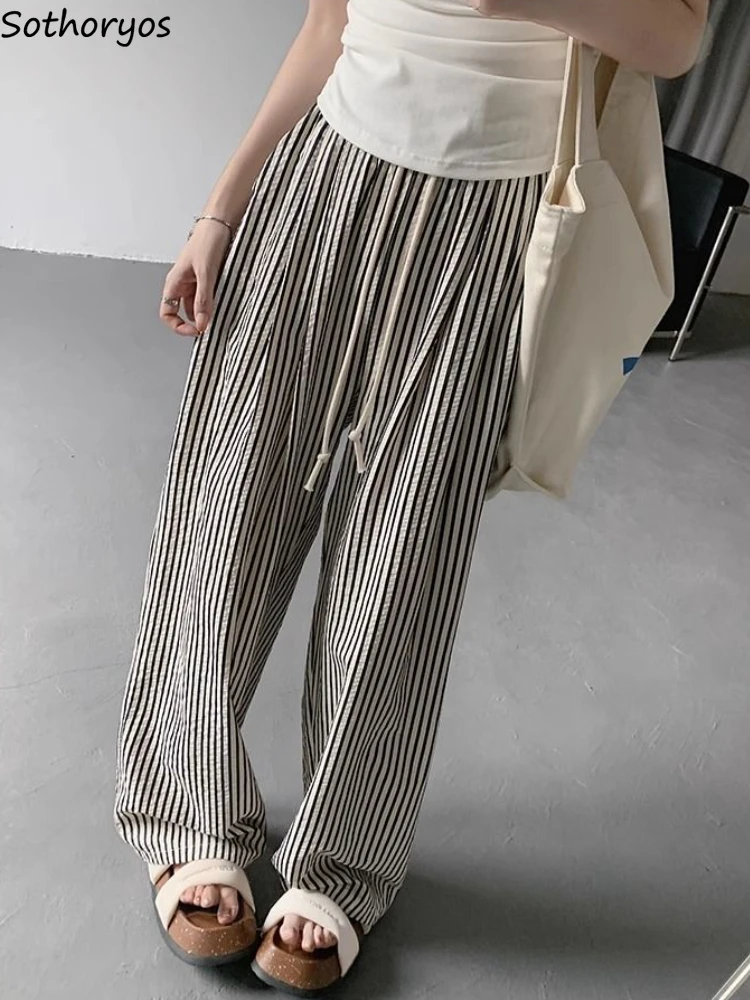 

Casual Pants Women Striped Lace-up Designed Korean Style Basics Sweet Loose Simple Vintage Ladies Autumn Stylish Prevalent New