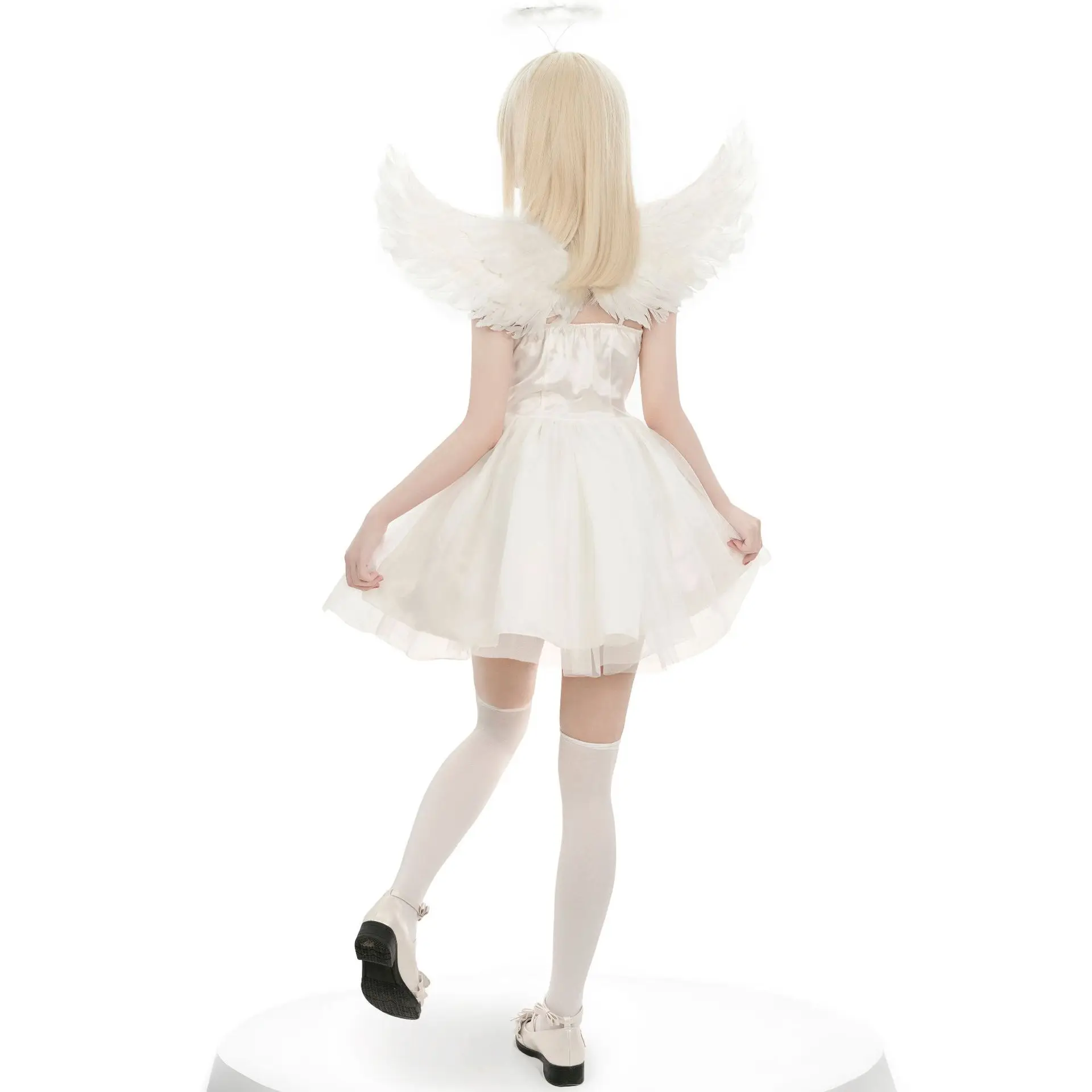 White Angel and Fallen Dark Angels Devil Cosplay Gauze Dress for Women Feather Wings Elf Birthday Or Halloween Party Costume