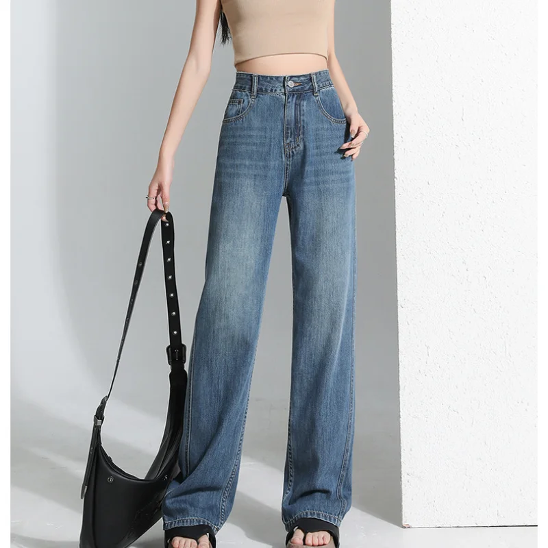 

Fashion Retro Nostalgic Blue Jeans for Women in Summer Thin Breathable Cool High Waisted Floor Length Straight Leg Loose Pants