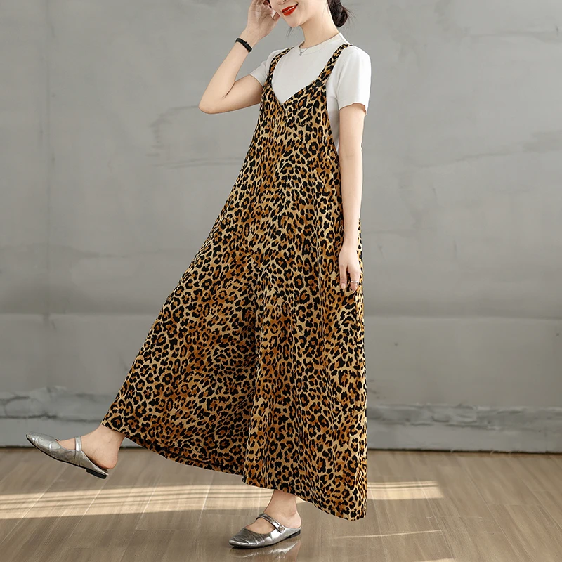 Pantalon une pièce amincissant imprimé léopard, décontracté, ample, bretelles, jambes larges, jupe, bon à porter, beau drapé