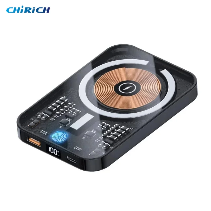

Portable Magnetic Wireless Power Bank With Foldable Stand 10000mAh Transparent External Spare Battery Fast Charger For iPhone 15