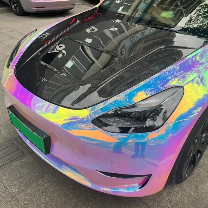 Premium Glossy Holographic Rainbow Chrome White Vinyl Wrap Film Roll DIY Self Adhesive Car Decal Wrapping Foil Air Release view 5