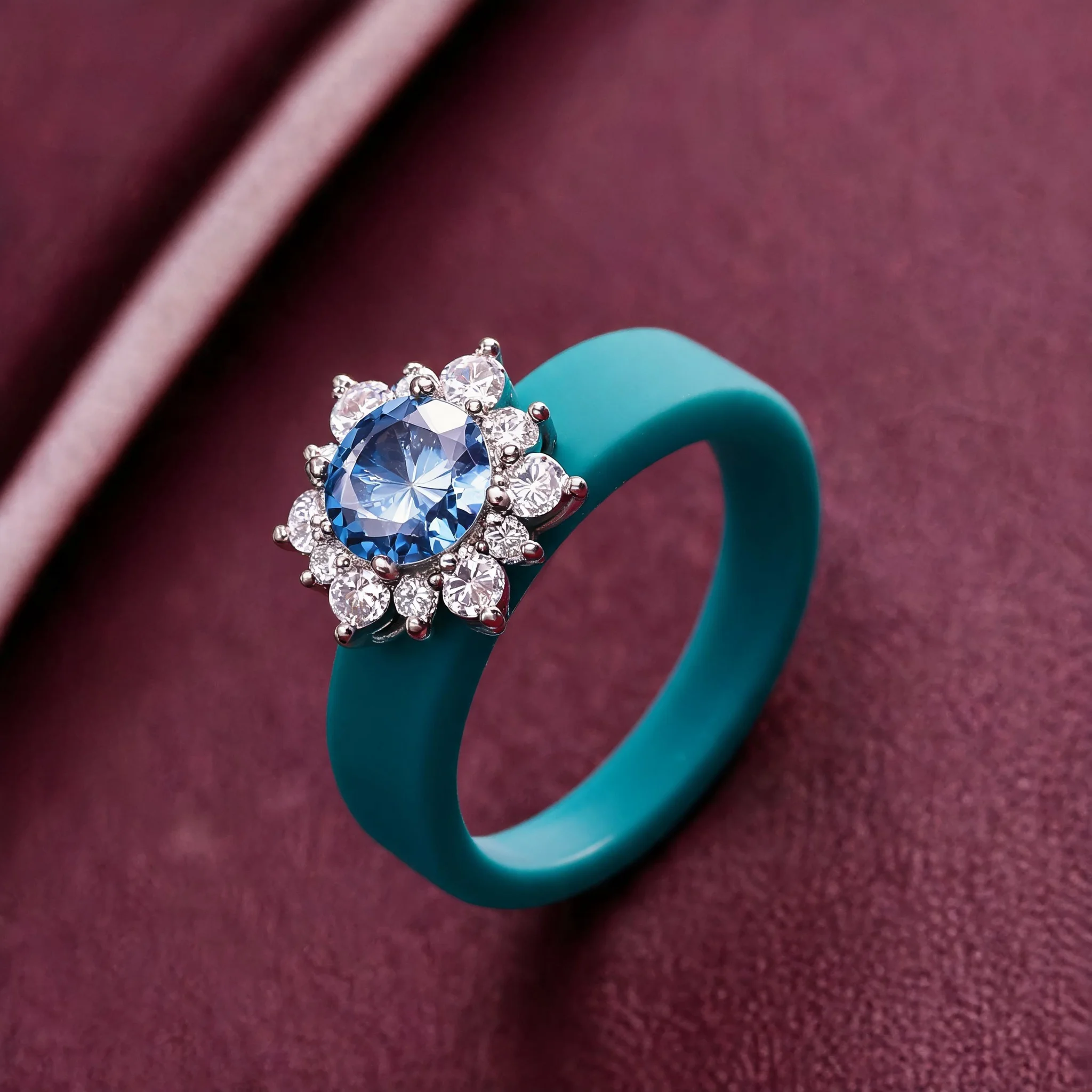 Comfort Fit Sunflower Halo Blue CZ Silicone Ring,Stackable Wedding Band Hypoallergenic Jewelry for Gym Workout Bride