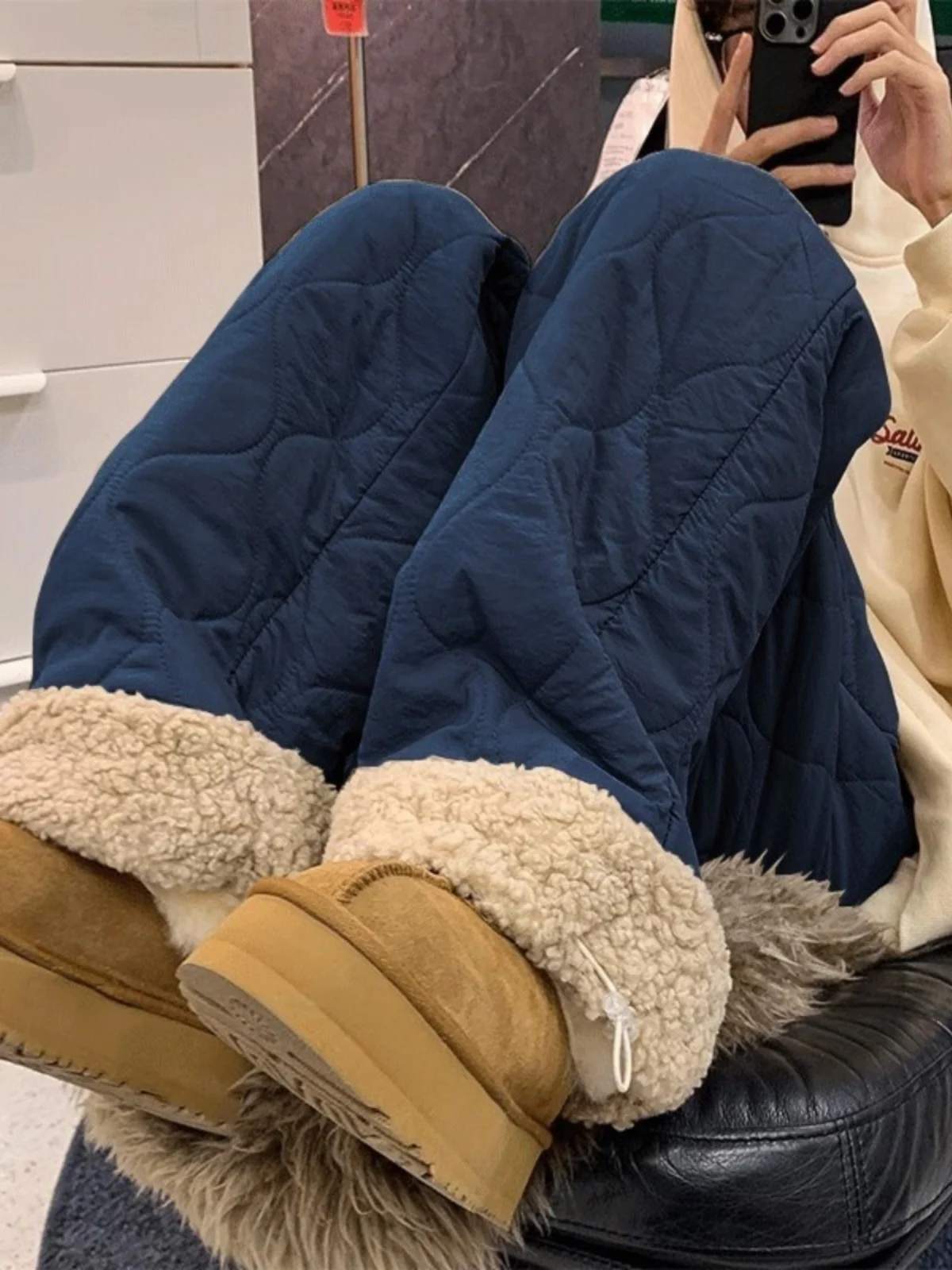 

North East China -20 Deees Men's Lamb Velvet Pants Cucumber Pattern Cotton Trousers Winter Skiing Loose Straight Leg Trousers