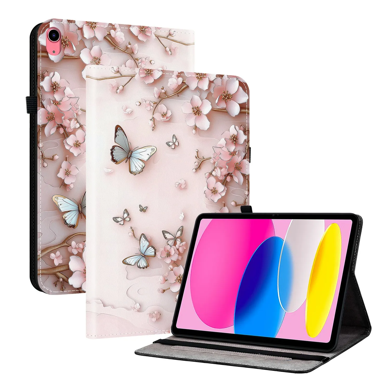 

For iPad (2025) / 10.9 (2022) Leather Case Pattern Printed Stand Tablet Cover with Card Slots - Pink Butterfly