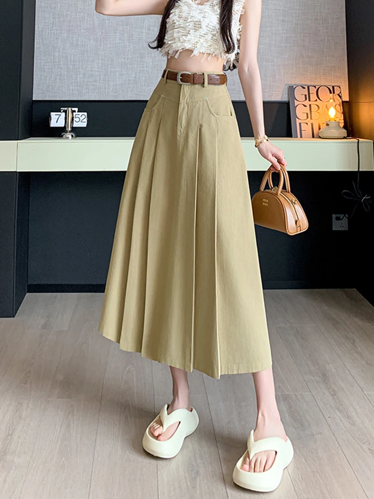 Faionable High Waist A-Line Midi Skirt Women's Spring 2026 Casual Sle Leather Fabric Gored Skirt Ele Slimming Design