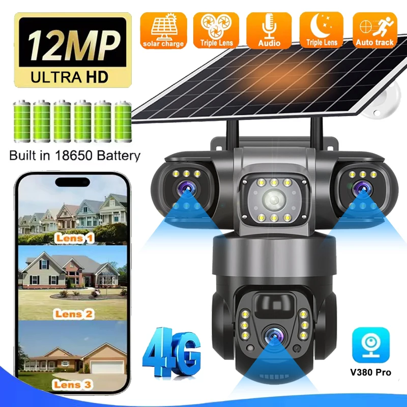 

4G 12MP Sim Card Solar Camera 3 Lens Outdoor Surveillance Waterproof PIR Human Detect CCTV Night Vision PTZ Cam Built in Battery