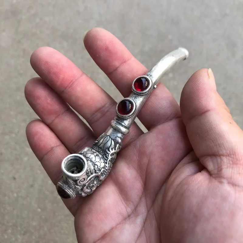 Tibetan Tobacco Pipe White Copper Silver Plated Inlaid Gem Cigarette Holder Plaything