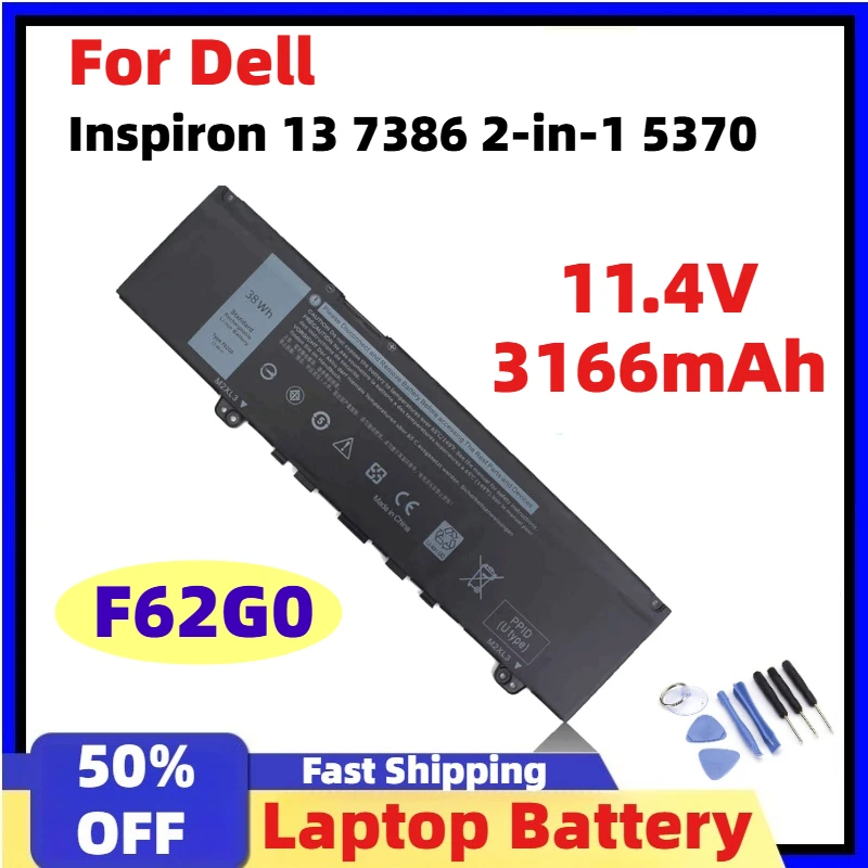 11.4V 3166mAh F62G0 38WH Laptop Battery for Dell Inspiron 13 7386 2-in-1 5370 7370 7380 7373 Vostro 5370 RPJC3 P91G P83G P87G