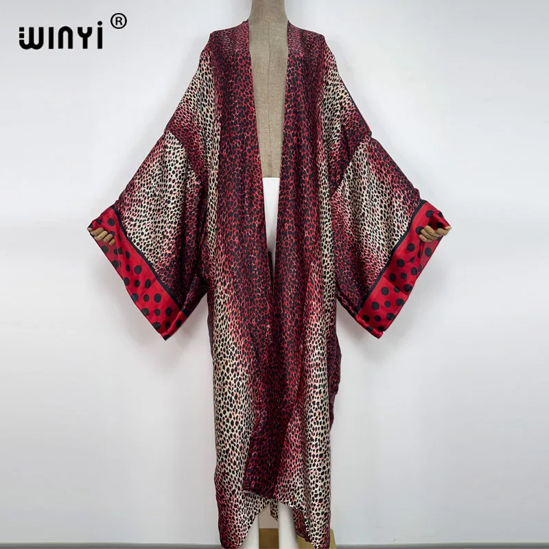 2022 WINYI Summer Beach Wear Swim Suit Cover up sweet lady boho Cardigan Leopard Print sexy Holiday long Sleeve Kimono kaftan