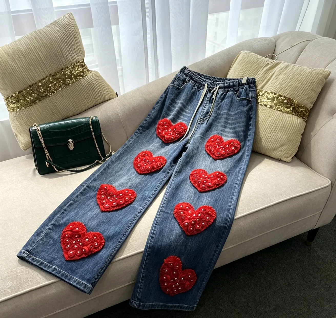 

Fashionable New Spring Autumn Women Wide Leg Jeans All-match Mesh Splicing Love Beads Elastic Waist Casual Straight Denim Pants
