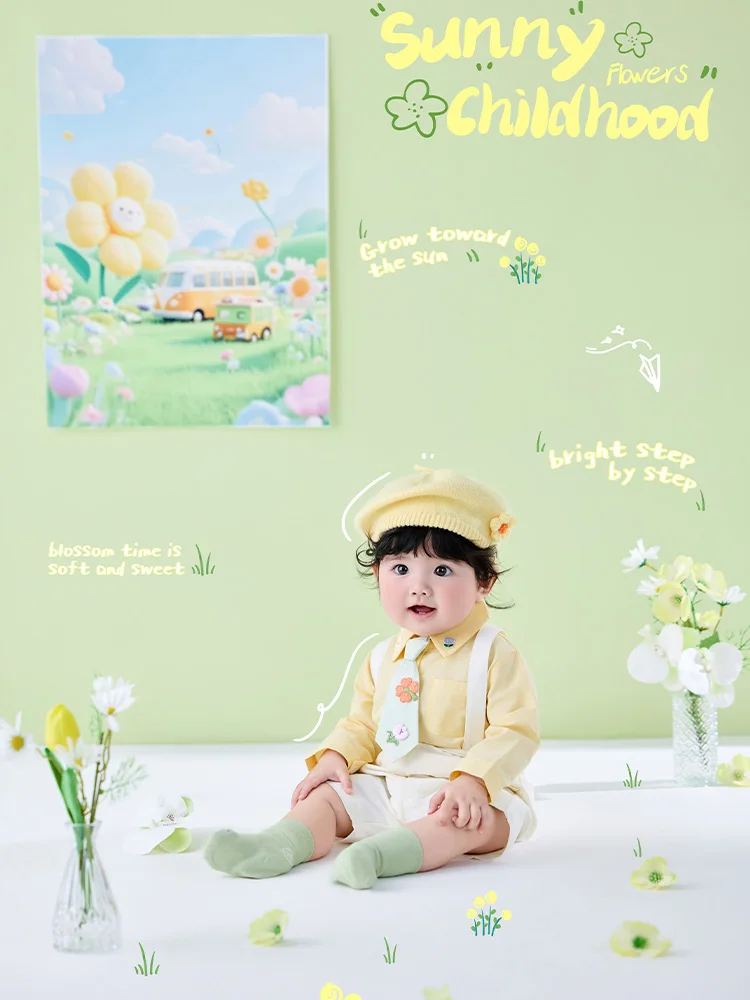 Sunny Style Baby 100 Day Photography outfit Yellow Shirt+Suspenders+knit Hat+Tie set Infant Growth Memorial Studio photo Costume