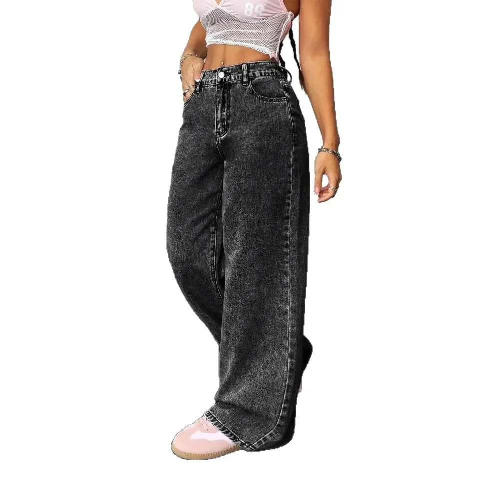 Casual Women Dark Gray Acid Wash Wide Leg Jeans Butterfly Embroidery Loose Floor‐Length Denim Trousers