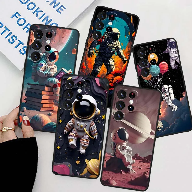 Cartoon Astronaut Planet Cover For Samsung Galaxy F36 F56 M56  Note 20 10 Lite Soft Black Straight Edge Phone Case